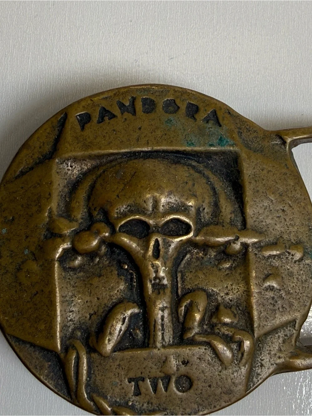 Pandora Two Brass Vintage Belt Buckle Skull Heavy Cast Rare Collectible Gold